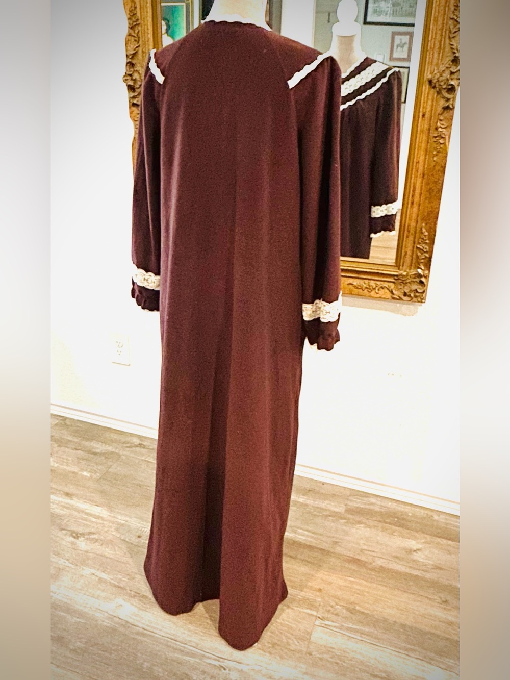 Vintage Grannycore Brown Maxi Length Zip Front House Coat Robe Lace Trim Sz M - Picture 3 of 8